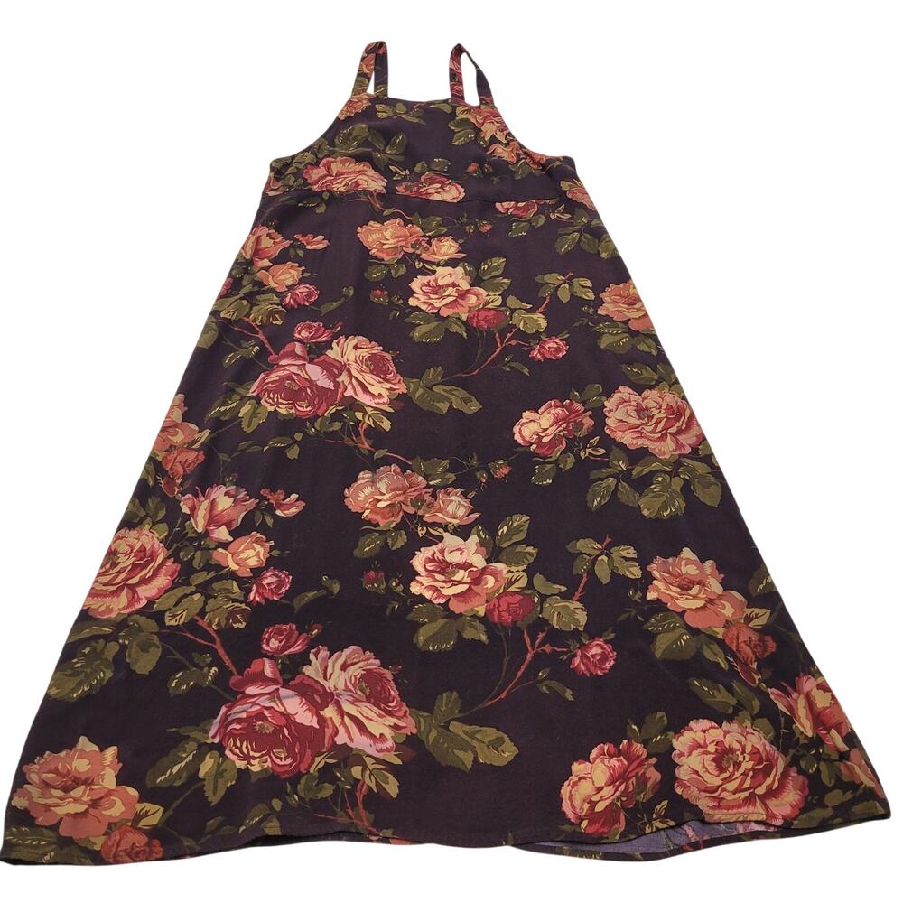 Vintage floral romantic popover midi jumper dress roses garden sleeveless small